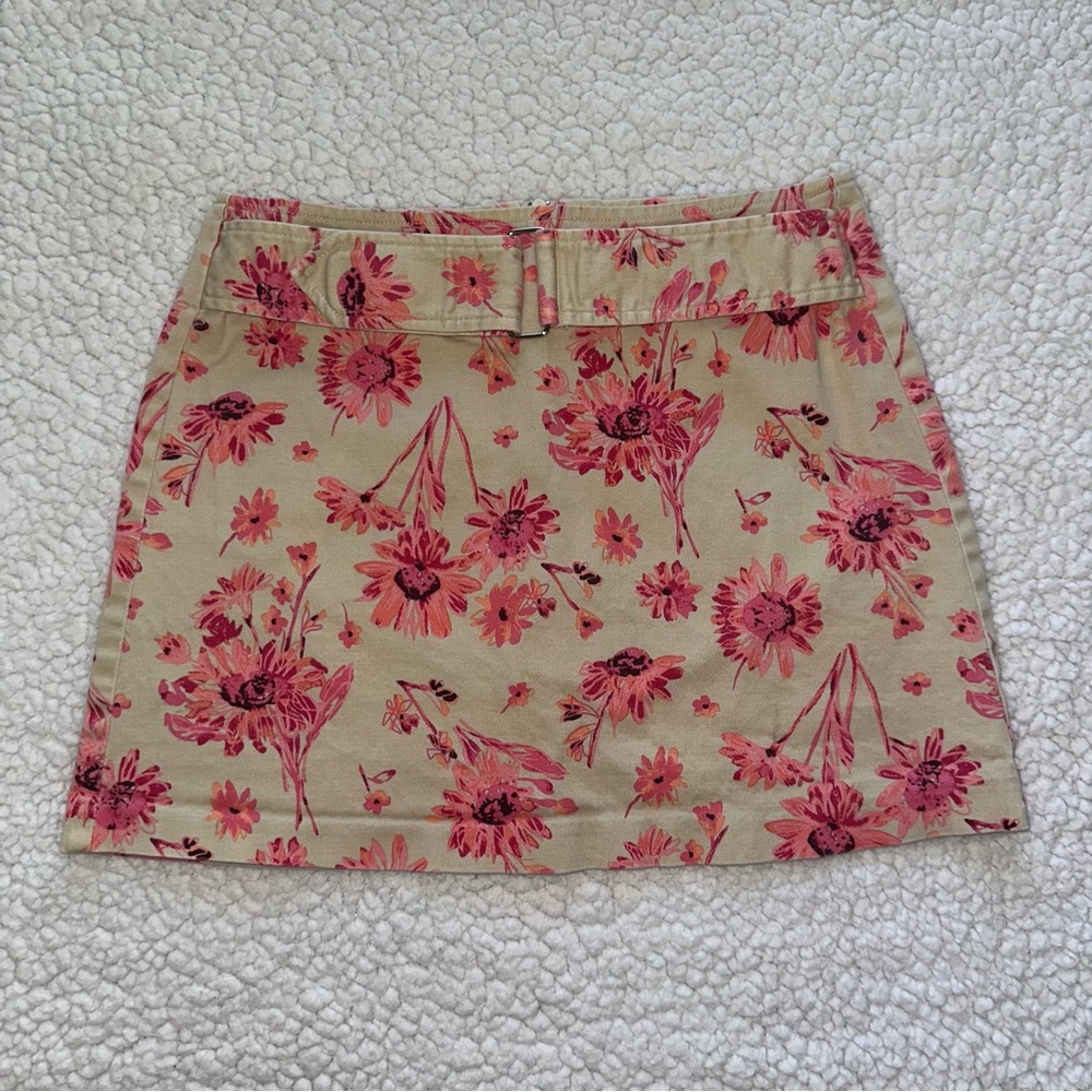 VTG floral belted mini skirt tan pink flowers back zipper Y2K 90s size 3
